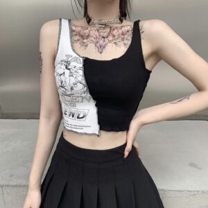 Aesthetic Letter And Graphic Print Women Crop Top Color Blocking Sleeveless2