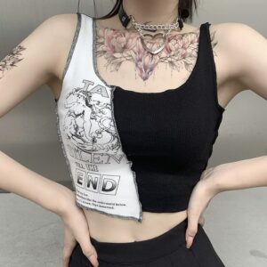 Punk Style Patchwork Tank Tops Aesthetic Letter And Graphic Print Women Crop Top Color Blocking Sleeveless