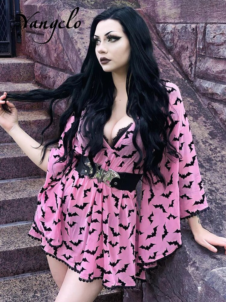 Yangelo Fairy Grunge Women Pink Dress Sexy Deep V Neck Goth Aesthetic Elegant Vestios for E 1