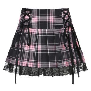 kirts Pink Stripe Plaid Lace Trim Pleated School Skirt Punk Dark.jpg 640x6406